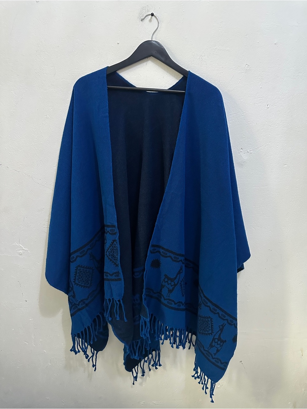 Ecuadane Reversible Poncho Blue Southwestern Fringe One Size Ecuador